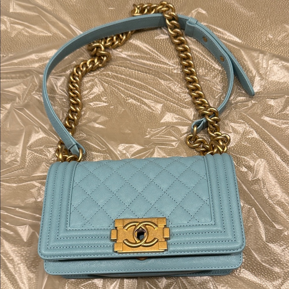 CHANEL Caviar Quilted Small Boy Flap Light Blue